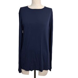 Eileen Fisher Navy Blue 100% Silk Jersey Long Sleeve Crew Neck Top Medium